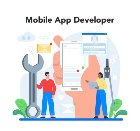 Mobile app development concept. Modern technology and smartphone Stockillustratie