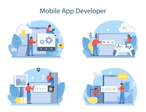 Mobile app development concept set. Modern technology and smartphone 库存插图