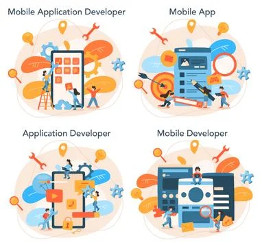 Mobile app development concept set. Modern technology and smartphone interface 스톡 일러스트