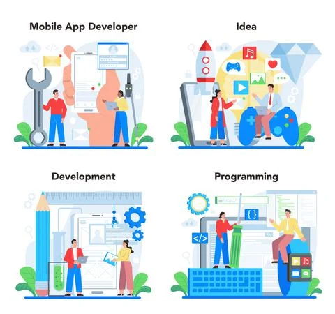 Mobile app development concept set. Modern technology and smartphone Stock Illustration