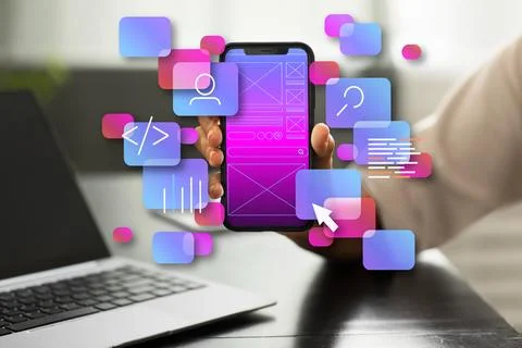 Mobile app development concept with a smartphone and design elements Stock Illustration