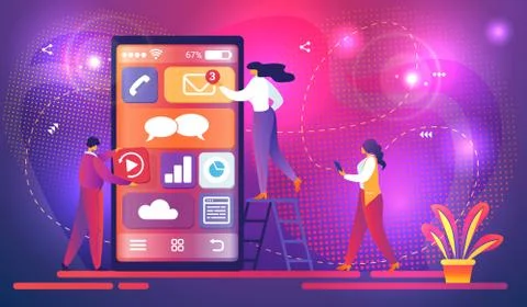 Mobile App Development Concept with Tiny Character 스톡 일러스트