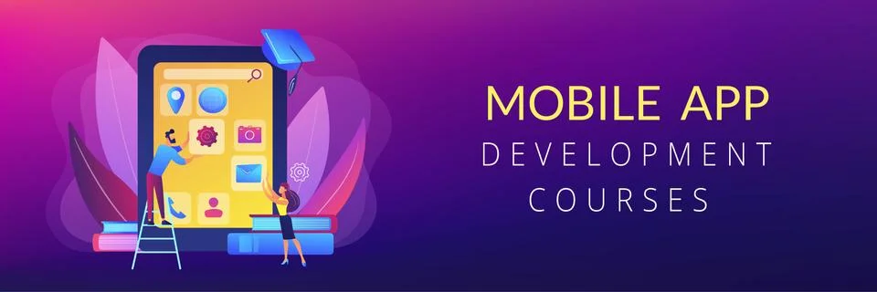 Mobile app development courses concept banner header Illustrazione stock