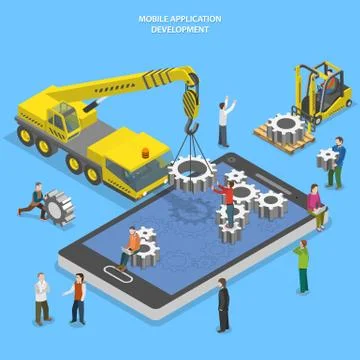 Mobile app development flat isometric vector Stock Illustration