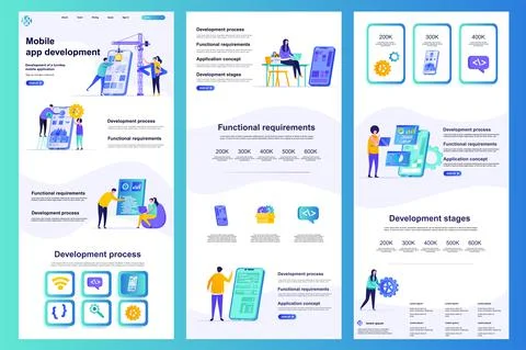 Mobile app development flat landing page. Illustrazione stock