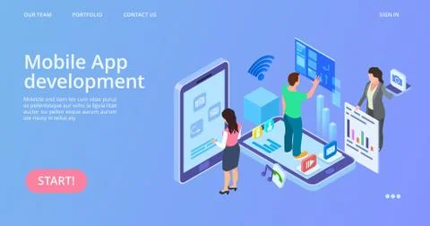 Mobile app development. Isometric interface development vector landing page Stock Illustration