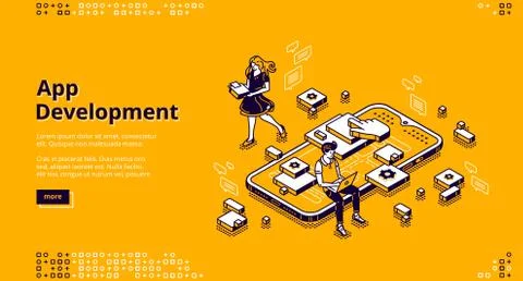 Mobile app development isometric landing page Stock Illustration