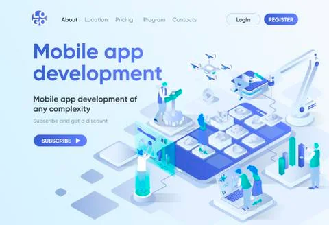 Mobile app development isometric landing page. Illustrazione stock