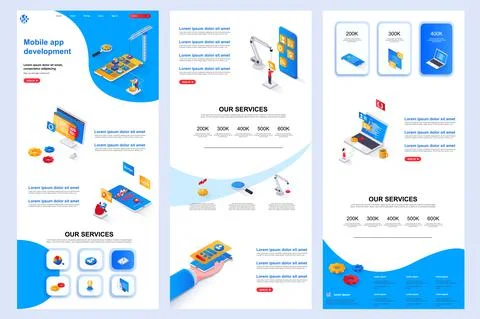 Mobile app development isometric landing page. 스톡 일러스트