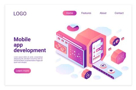 Mobile app development isometric vector landing page template Stock Illustration