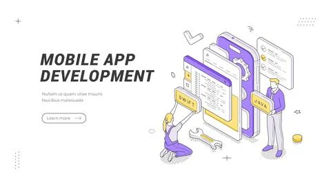 Mobile App Development Isometric Vector Illustration Banner Template For Tech 스톡 일러스트