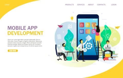 Mobile app development landing page website vector template 库存插图