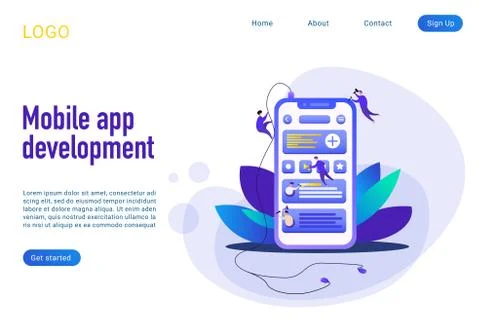 Mobile app development landing page isometric vector template Stock Illustration