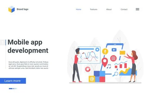 Mobile app development landing page, designer people create develop content 스톡 일러스트