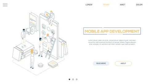 Mobile app development - line design style isometric web banner Stock Illustration