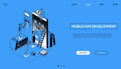 Mobile app development - line design style isometric web banner Illustrazione stock