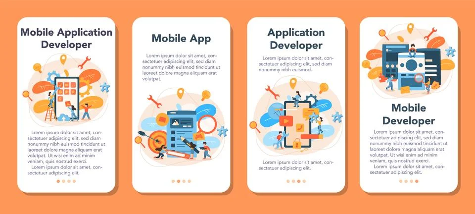 Mobile app development mobile application banner set. Stock Illustration