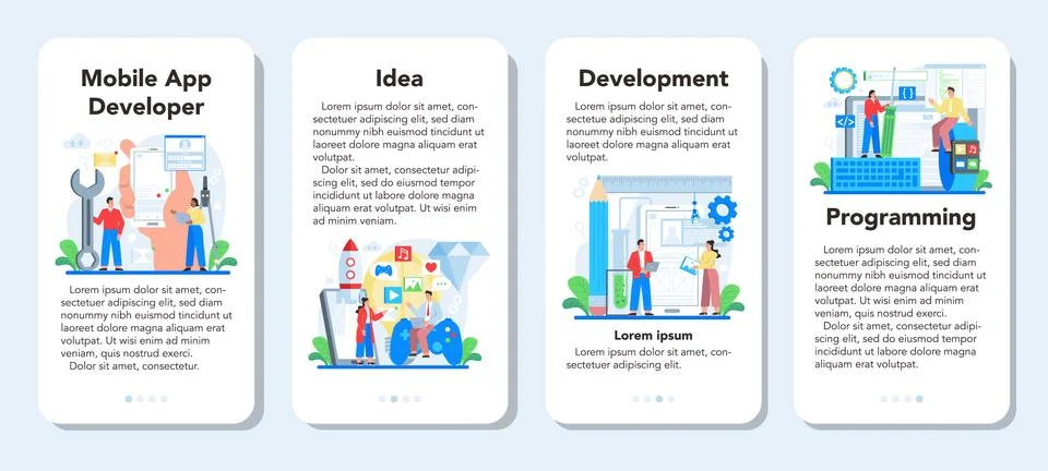 Mobile app development mobile application banner set. Modern technology Illustrazione stock