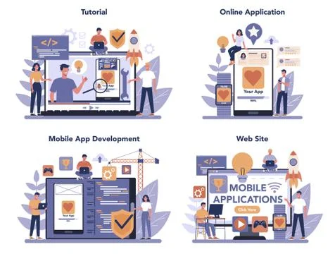 Mobile app development online service or platform set. Modern Stock Illustration