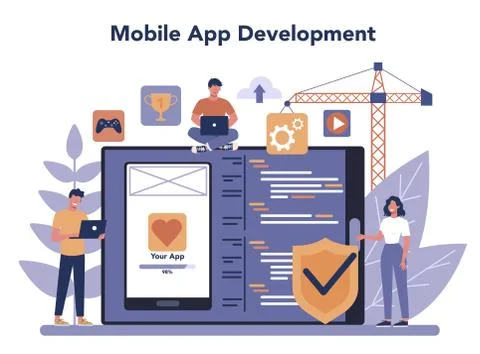 Mobile app development online service or platform. Modern Illustrazione stock