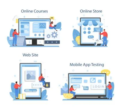 Mobile app development online service or platform set. Modern Stockillustratie