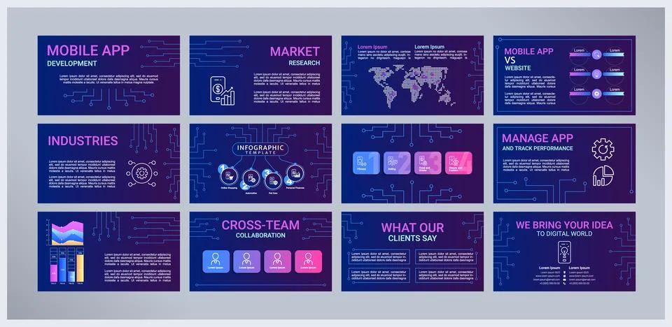 Mobile app development presentation templates set Illustrazione stock