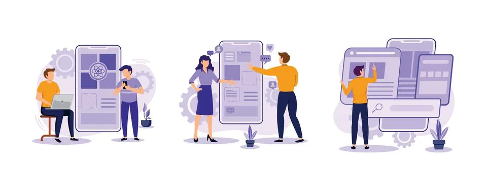 Mobile app development process. React native mobile app, experience design, u Stock Illustration