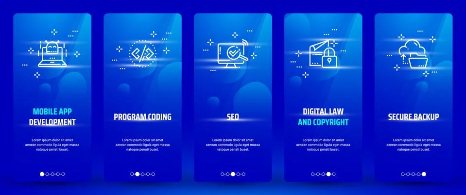 Mobile app development , Program coding, Seo, Digital law and copyright, Secure Stock Illustration