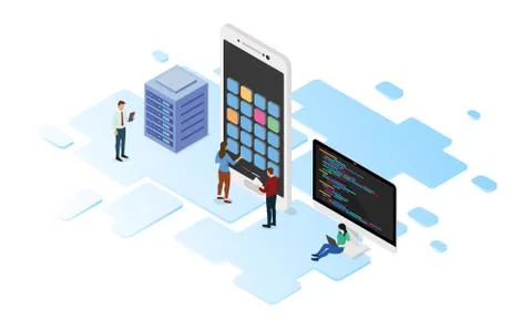 Mobile app development with programming language and server with team develop 스톡 일러스트