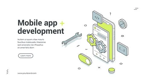 Mobile app development software programming isometric web banner design templ Stock Illustration