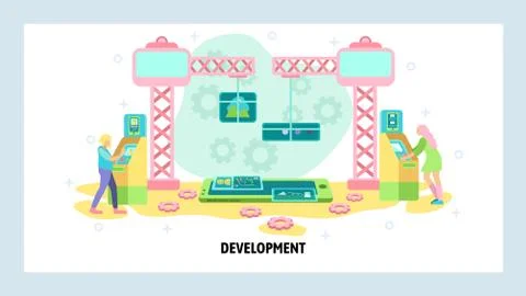 Mobile app development team. People use crane to build mobile phone application Stock Illustration