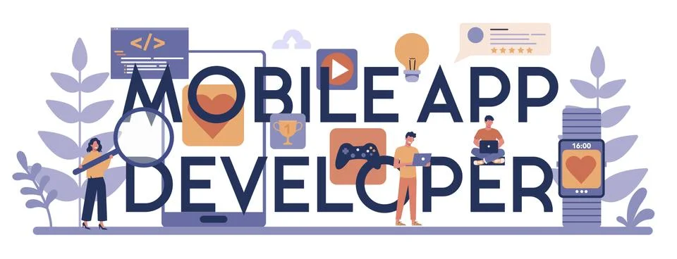 Mobile app development typographic header concept. Modern Stock Illustration