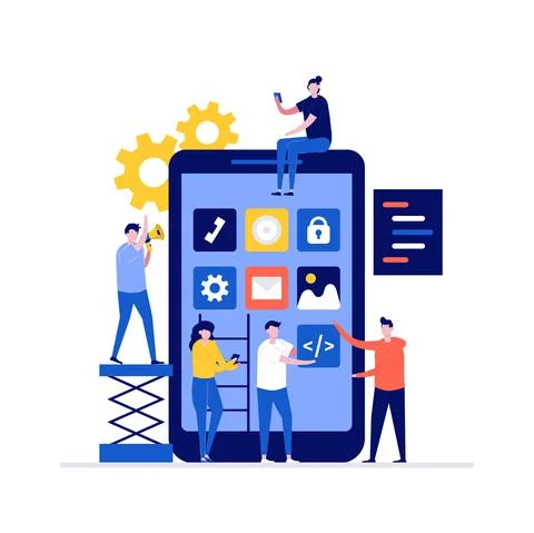 Mobile app development vector illustration concept with characters. Modern ve Stock Illustration