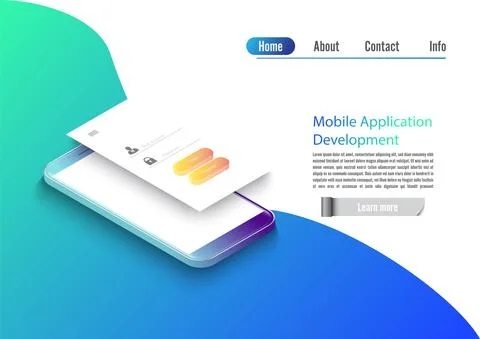 Mobile app development vector illustration. Isometric mobile phone with layou Stock Illustration