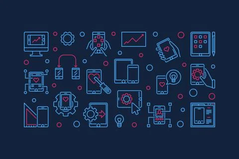 Mobile app Development vector outline horizontal illustration Stock Illustration