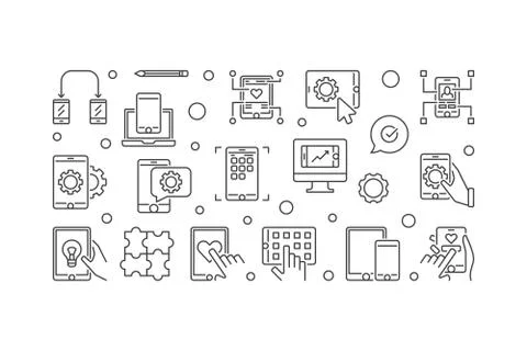 Mobile App Development vector outline horizontal illustration イラスト素材
