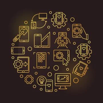 Mobile App Development vector round golden line illustration Stock Illustration