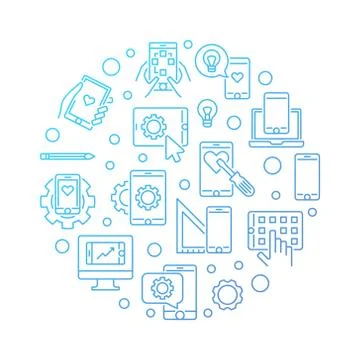 Mobile App Development vector round blue outline illustration Stock Illustration