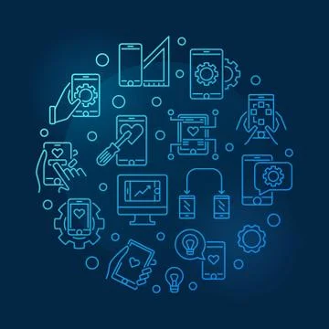 Mobile App Development vector round blue thin line illustration Stockillustratie