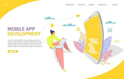 Mobile app development vector website landing page design template Stock Illustration