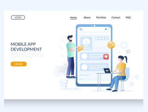 Mobile app development vector website landing page design template Illustrazione stock