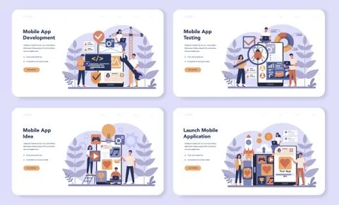 Mobile app development web banner or landing page set. Modern Stock Illustration