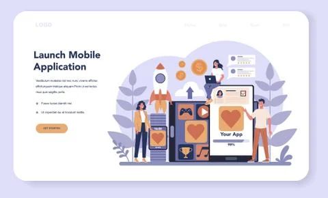Mobile app development web banner or landing page. Modern イラスト素材