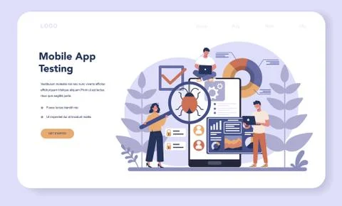 Mobile app development web banner or landing page. Modern Illustrazione stock