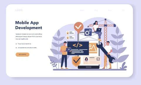 Mobile app development web banner or landing page. Modern Stock Illustration