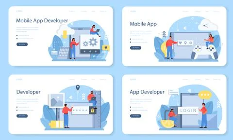 Mobile app development web banner or landing page set. Modern Stock Illustration