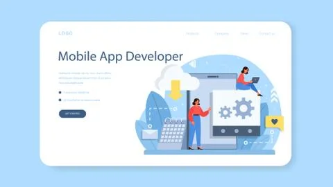 Mobile app development web banner or landing page. Modern Illustrazione stock
