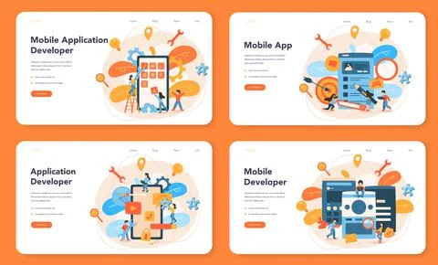 Mobile app development web banner or landing page set. Stock Illustration