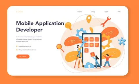Mobile app development web banner or landing page 스톡 일러스트