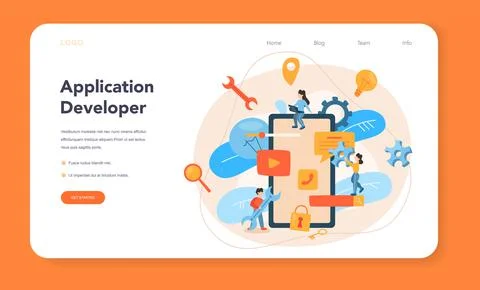 Mobile app development web banner or landing page Stock Illustration